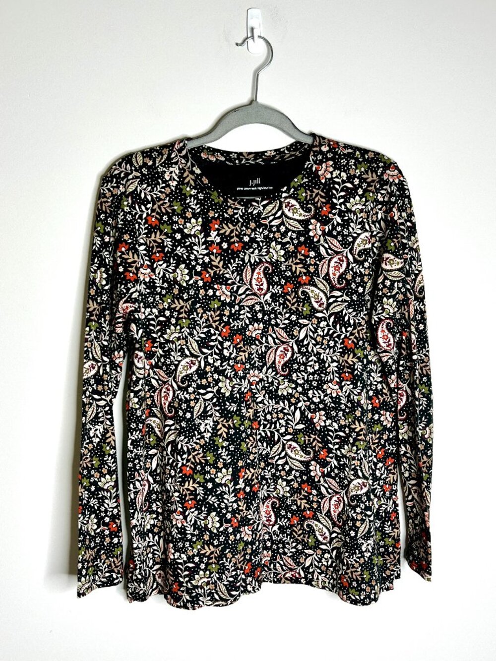 J. Jill Pima Crew-Neck High-Low Rise Long Sleeve Tee Dark Floral Fall Preppy M